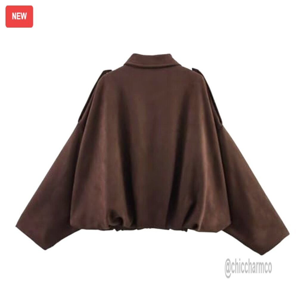 Faux Suede Bomber Jacket Women Oversized Zip Up Casual Coat Long Sleeve - Picture 3 of 7
